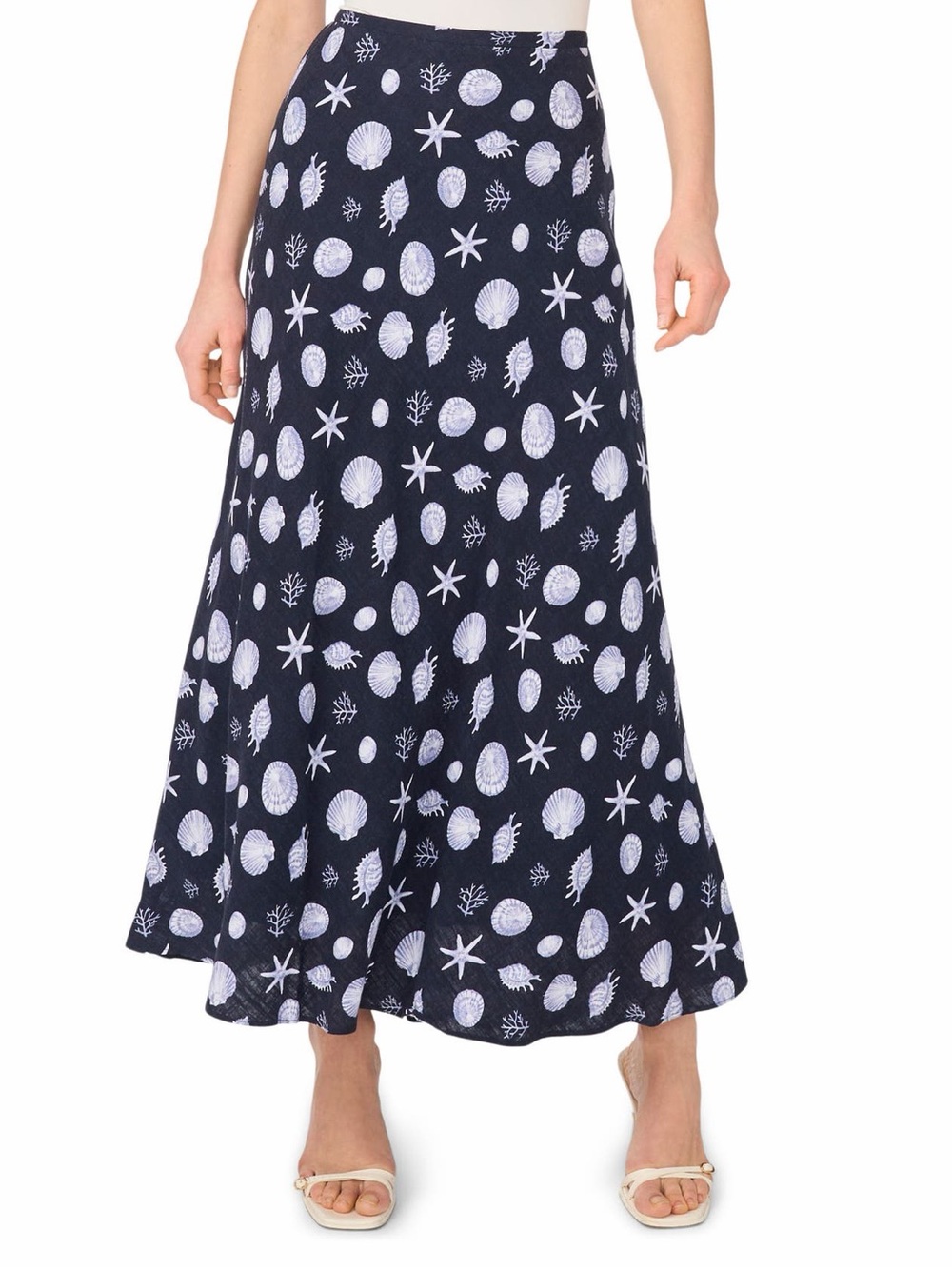 1. STATE Navy Blue White Ocean Shell Print Linen Bias Cut Maxi Skirt 8